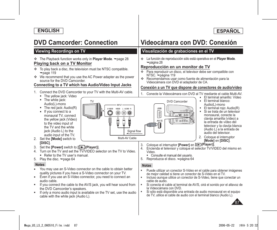 Dvd camcorder: connection, Videocámara con dvd: conexión, English | Español | Samsung SC-DC565-XAA User Manual | Page 87 / 132