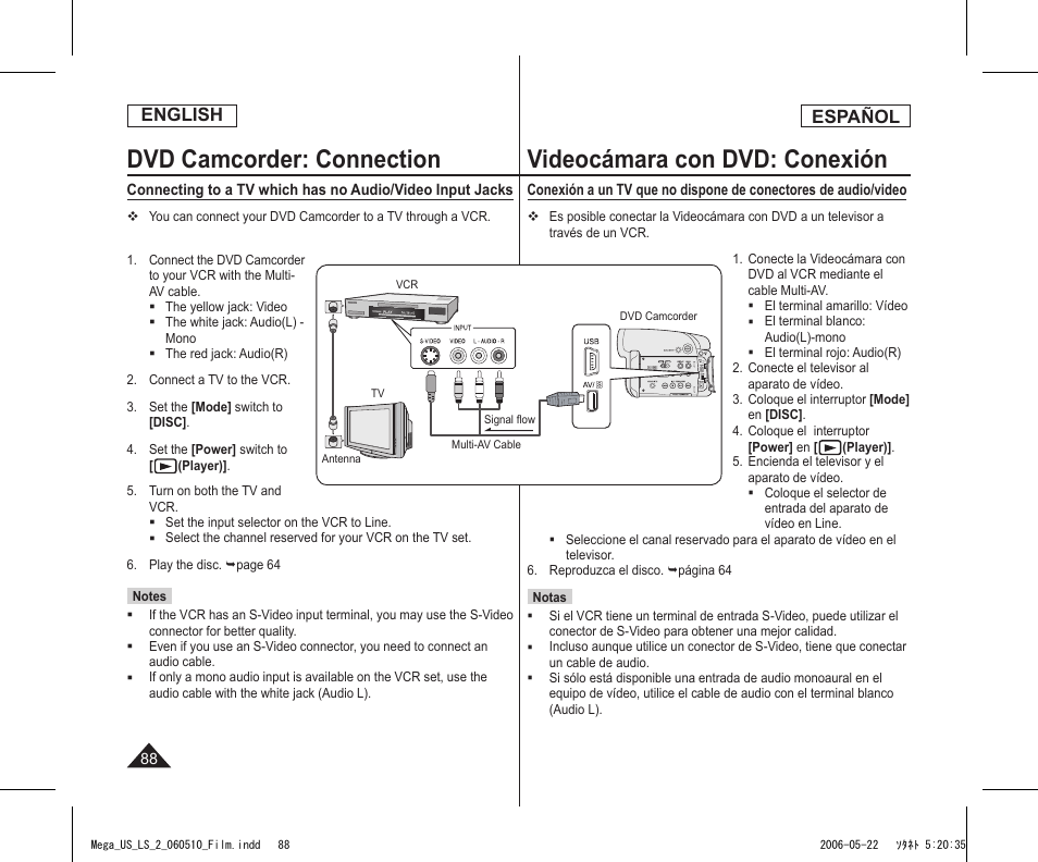 Dvd camcorder: connection, Videocámara con dvd: conexión, English | Español | Samsung SC-DC565-XAA User Manual | Page 88 / 132