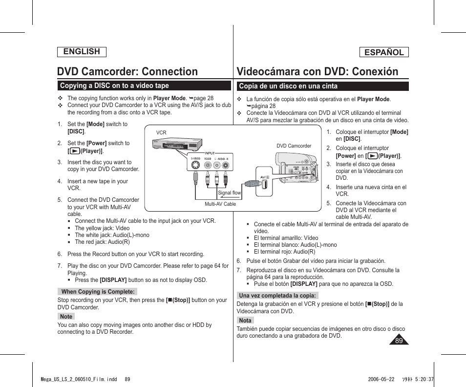 Dvd camcorder: connection, Videocámara con dvd: conexión, English | Español | Samsung SC-DC565-XAA User Manual | Page 89 / 132