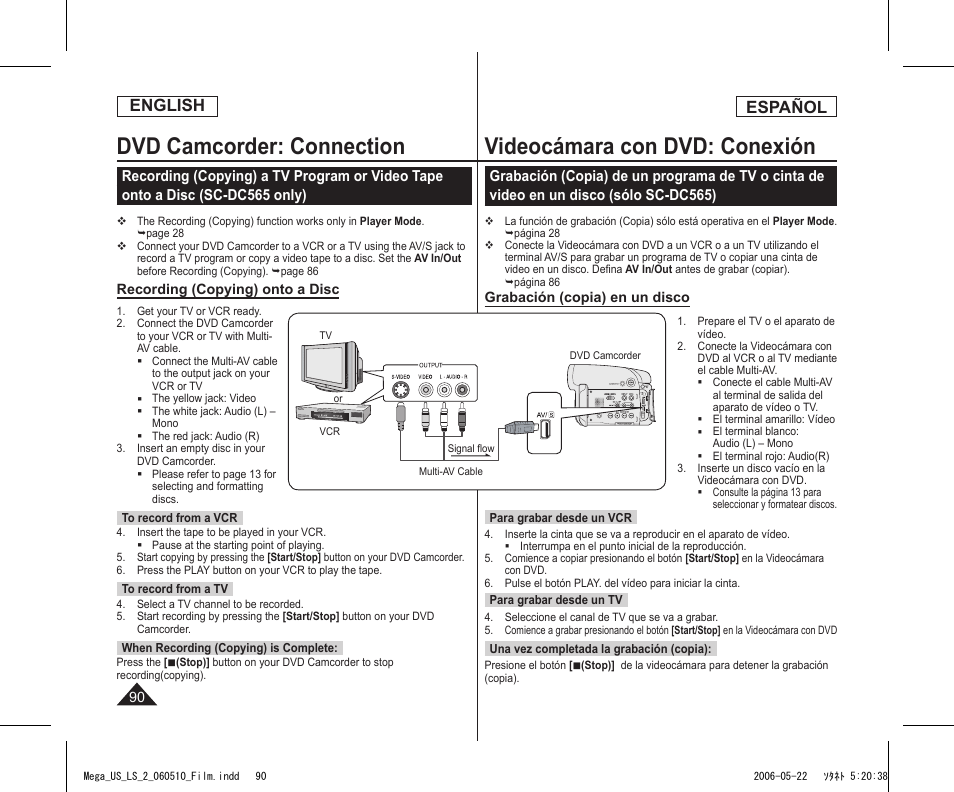 Dvd camcorder: connection, Videocámara con dvd: conexión, English | Español | Samsung SC-DC565-XAA User Manual | Page 90 / 132