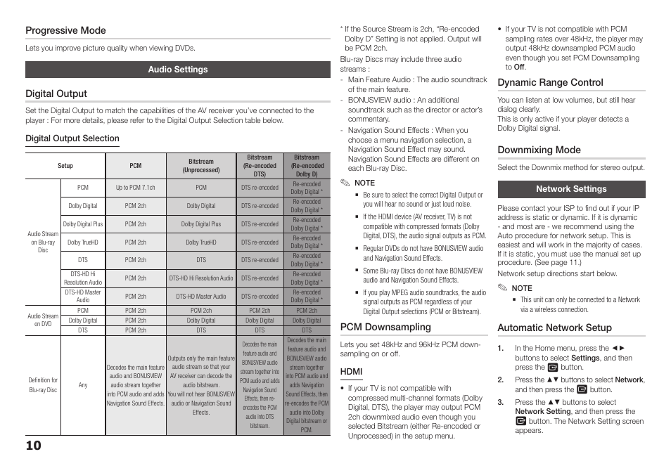 Audio settings, Network settings, Audio settings network settings | Progressive mode, Digital output, Pcm downsampling, Dynamic range control, Downmixing mode, Automatic network setup | Samsung BD-E5400-ZA User Manual | Page 10 / 21