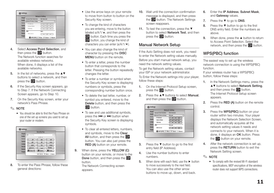 Manual network setup, Wps(pbc) function | Samsung BD-E5400-ZA User Manual | Page 11 / 21