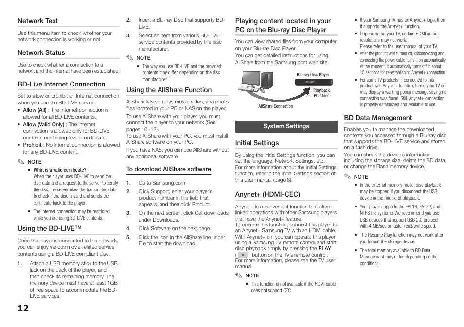 System settings | Samsung BD-E5400-ZA User Manual | Page 12 / 21