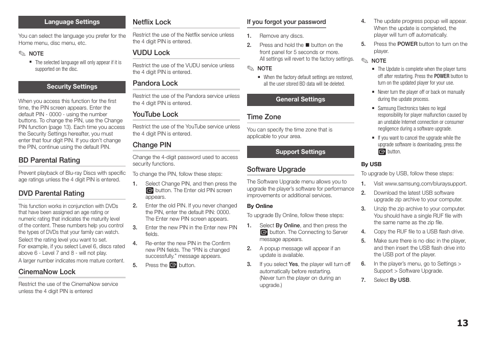 Language settings, Security settings, General settings | Support settings | Samsung BD-E5400-ZA User Manual | Page 13 / 21
