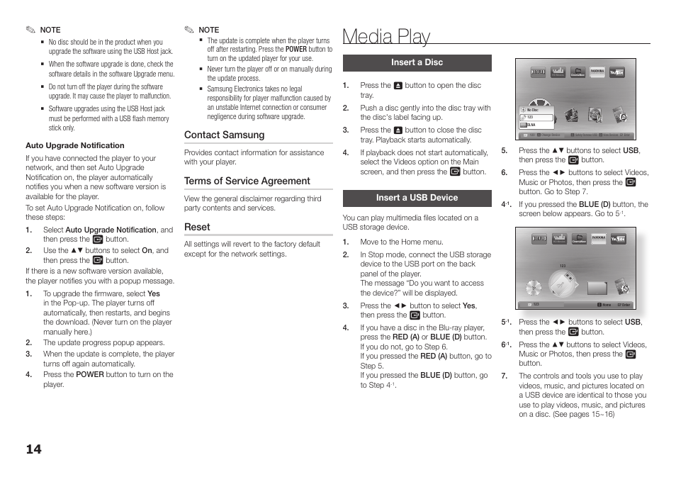 Media play, Insert a disc, Insert a usb device | Insert a disc insert a usb device, Contact samsung, Terms of service agreement, Reset | Samsung BD-E5400-ZA User Manual | Page 14 / 21