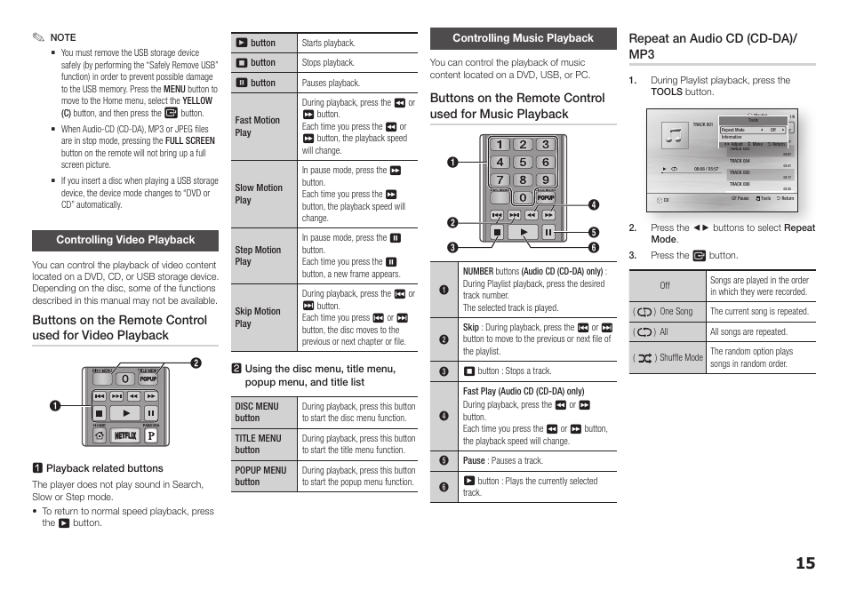 Controlling video playback, Controlling music playback, Repeat an audio cd (cd-da)/ mp3 | Samsung BD-E5400-ZA User Manual | Page 15 / 21