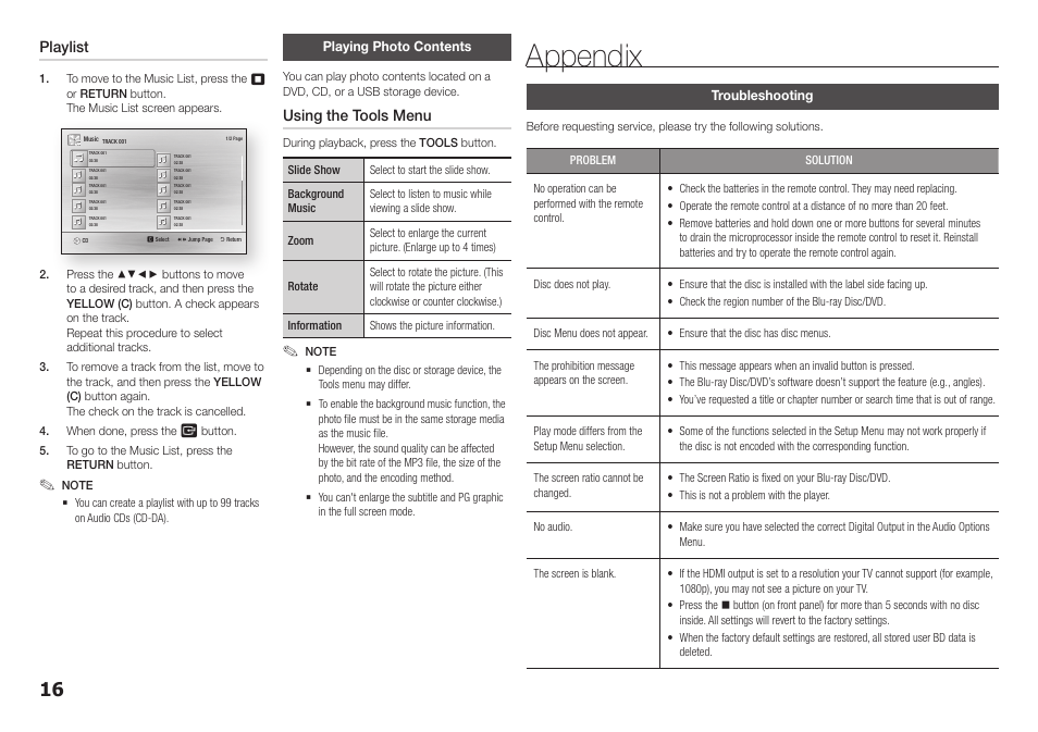 Playing photo contents, Appendix, Troubleshooting | Samsung BD-E5400-ZA User Manual | Page 16 / 21