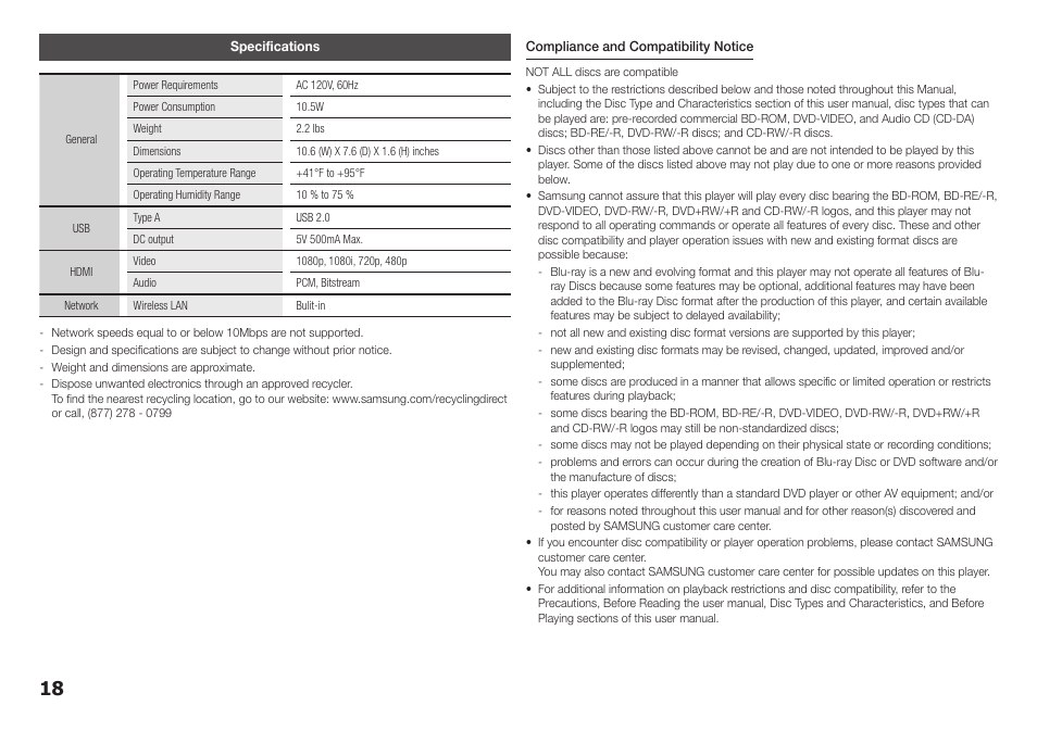 Specifications | Samsung BD-E5400-ZA User Manual | Page 18 / 21