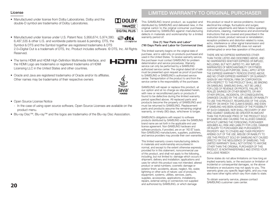 Limited warranty to original purchaser | Samsung BD-E5400-ZA User Manual | Page 20 / 21