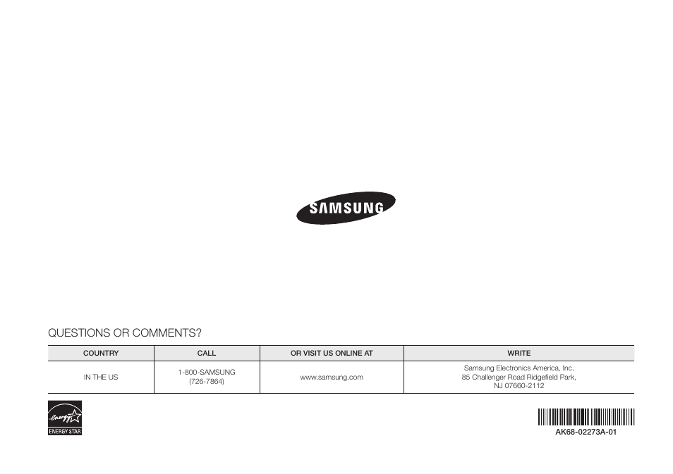 Questions or comments | Samsung BD-E5400-ZA User Manual | Page 21 / 21