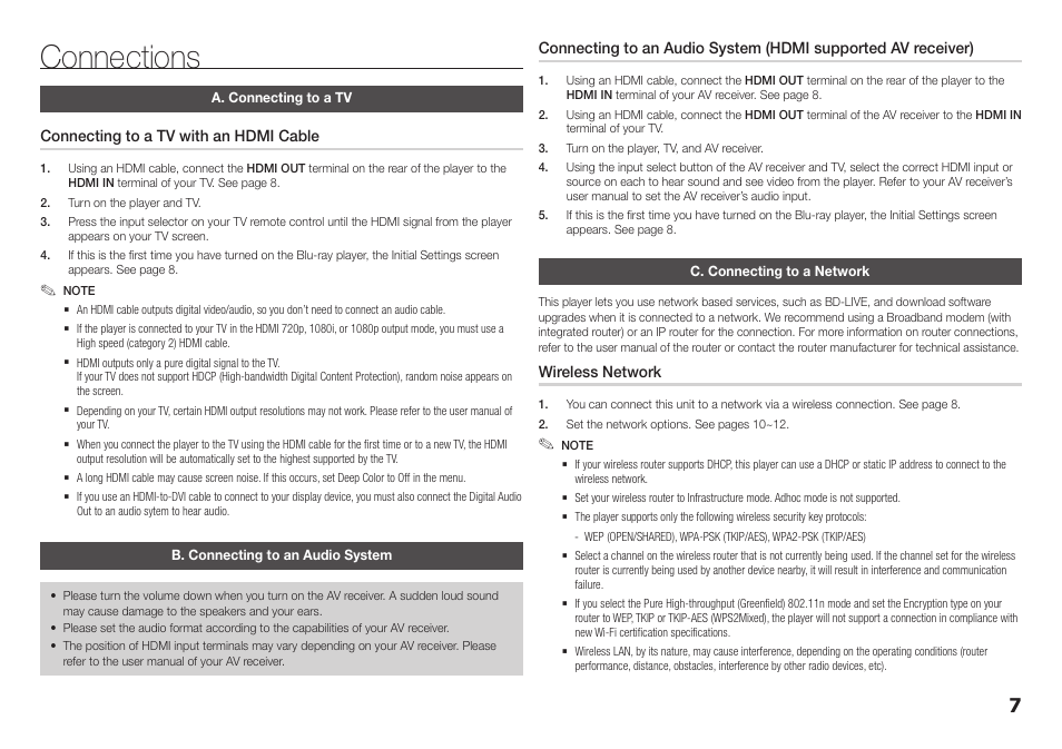 Connections, A. connecting to a tv, B. connecting to an audio system | C. connecting to a network | Samsung BD-E5400-ZA User Manual | Page 7 / 21