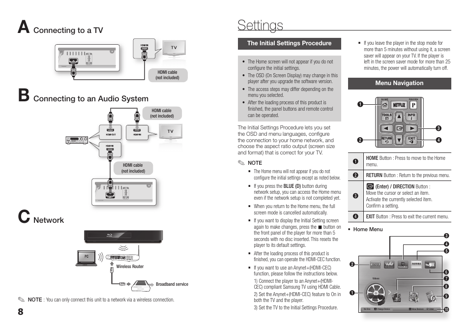 Settings, The initial settings procedure, Menu navigation | The initial settings procedure menu navigation, Connecting to a tv, Connecting to an audio system, Network | Samsung BD-E5400-ZA User Manual | Page 8 / 21