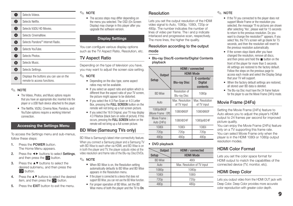 Accessing the settings menu, Display settings, Accessing the settings menu display settings | Samsung BD-E5400-ZA User Manual | Page 9 / 21