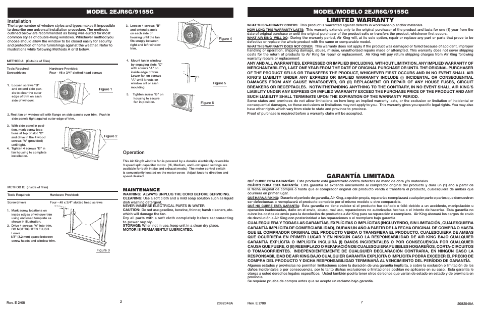 Limited warranty, Garantía limitada, Installation | Operation, Maintenance | Air King 2EJR6G User Manual | Page 2 / 4