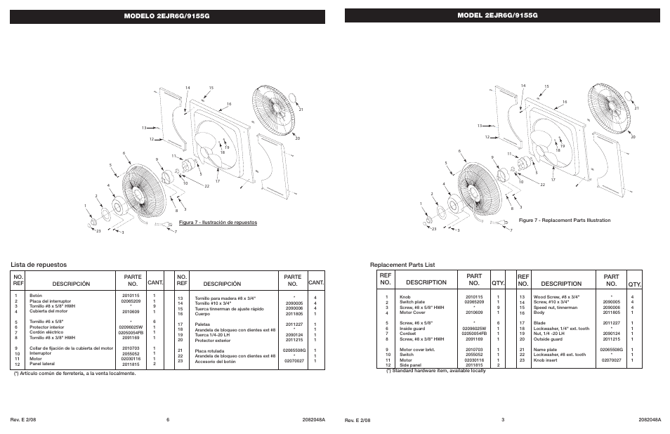 Lista de repuestos, Part no. replacement parts list | Air King 2EJR6G User Manual | Page 3 / 4