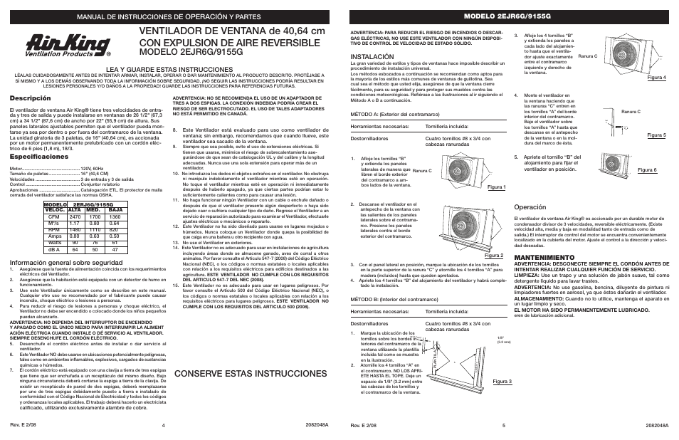 Conserve estas instrucciones, E operació, Instalación | Operación, Mantenimiento, N y partes, Información general sobre seguridad, Especificaciones, Lea y guarde estas instrucciones, Descripción | Air King 2EJR6G User Manual | Page 4 / 4