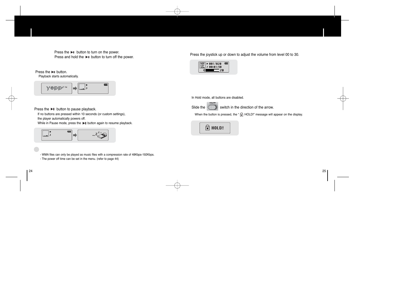 Basic usage, Playing music and turning off the device, Adjusting the volume/hold function | Samsung YP-ST5Z-XAA User Manual | Page 13 / 29