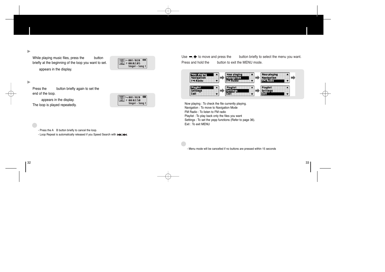 Additional usage, Loop repeating, Menu options | Samsung YP-ST5Z-XAA User Manual | Page 17 / 29