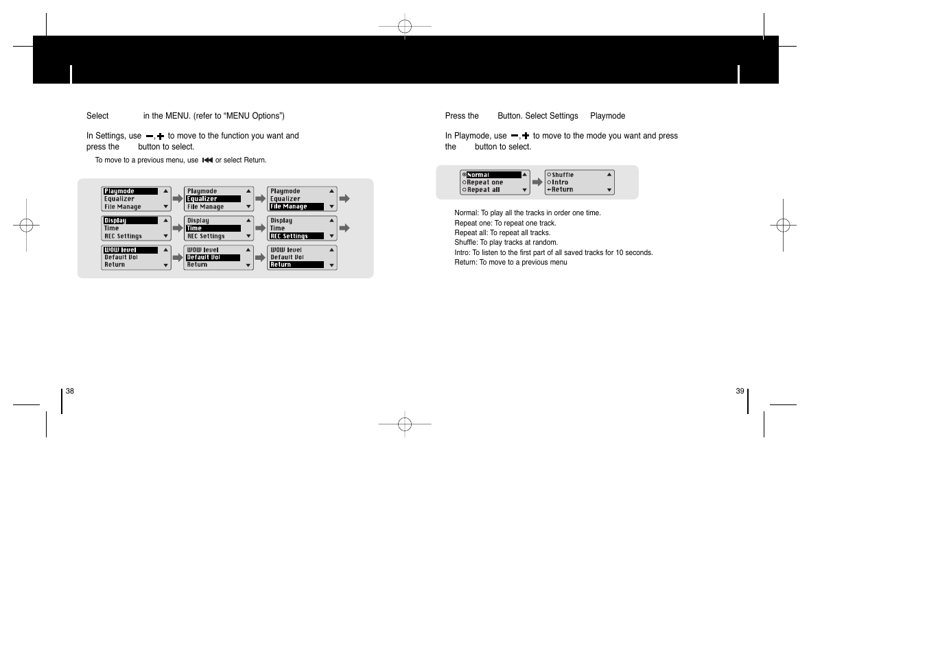 Setting the advanced functions, Selecting the playmode | Samsung YP-ST5Z-XAA User Manual | Page 20 / 29