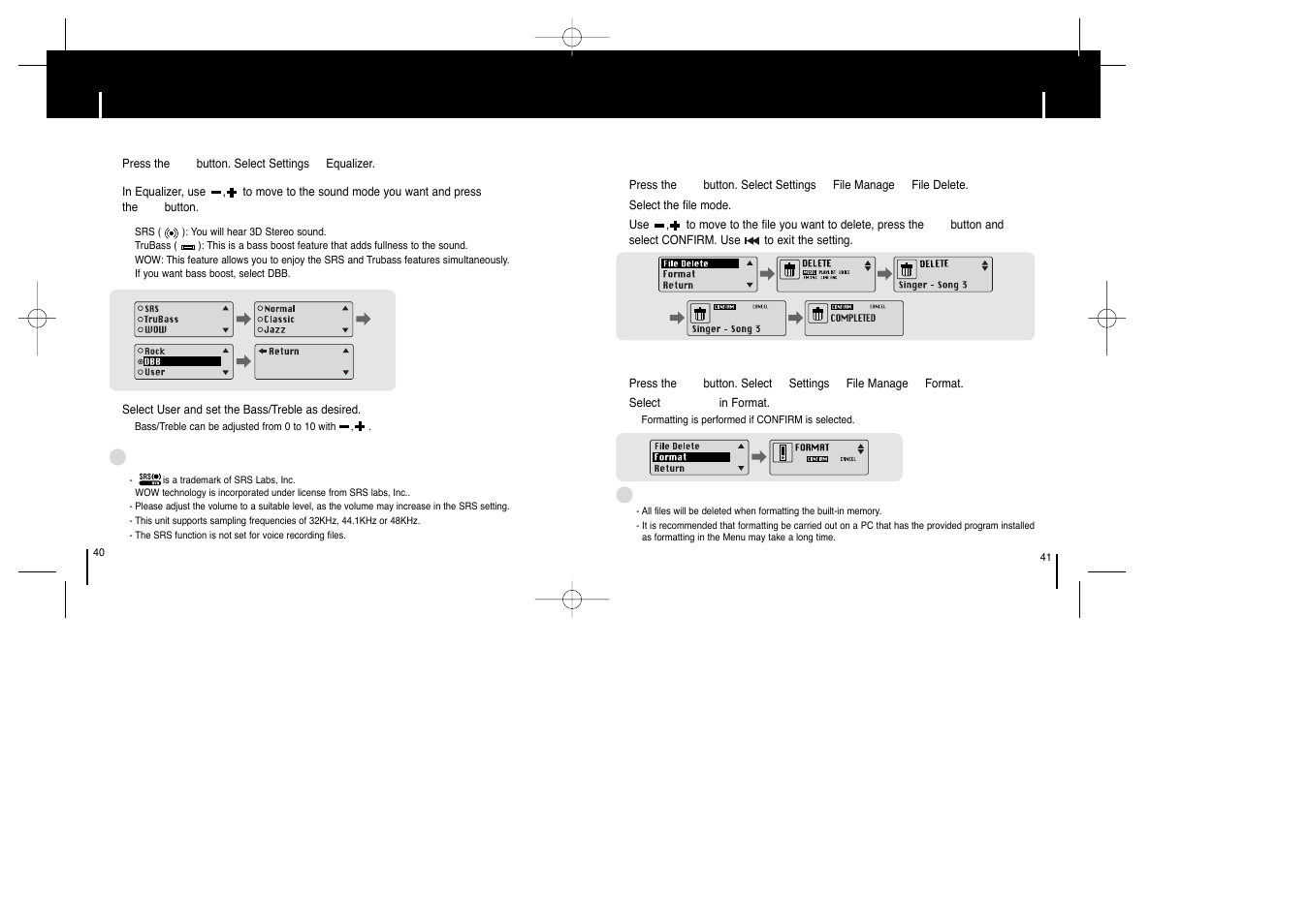 Setting the eq mode, Managing files, Managing files setting the eq mode | Samsung YP-ST5Z-XAA User Manual | Page 21 / 29