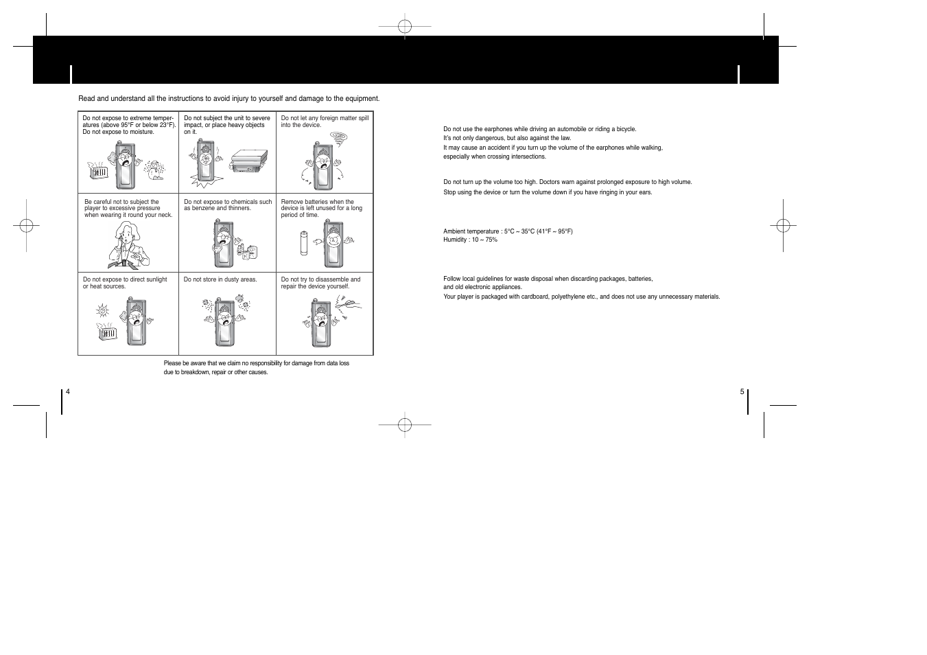 Preparations, Safety instructions, Iearphones | Iambient operating conditions, Ienvironmental information | Samsung YP-ST5Z-XAA User Manual | Page 3 / 29