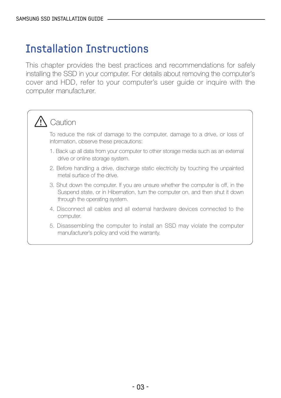 Installation instructions, Caution | Samsung MZ-5PA128C-AM User Manual | Page 3 / 18