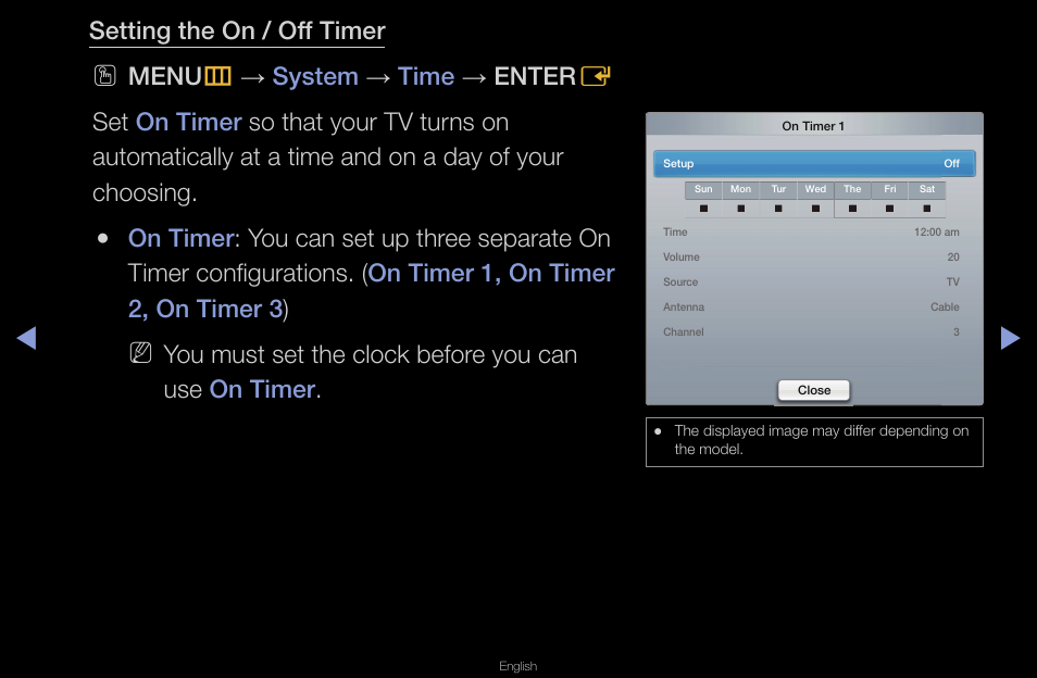Setting the on / off timer, You must set the clock before you can use on timer | Samsung UN40D6420UFXZA User Manual | Page 116 / 303
