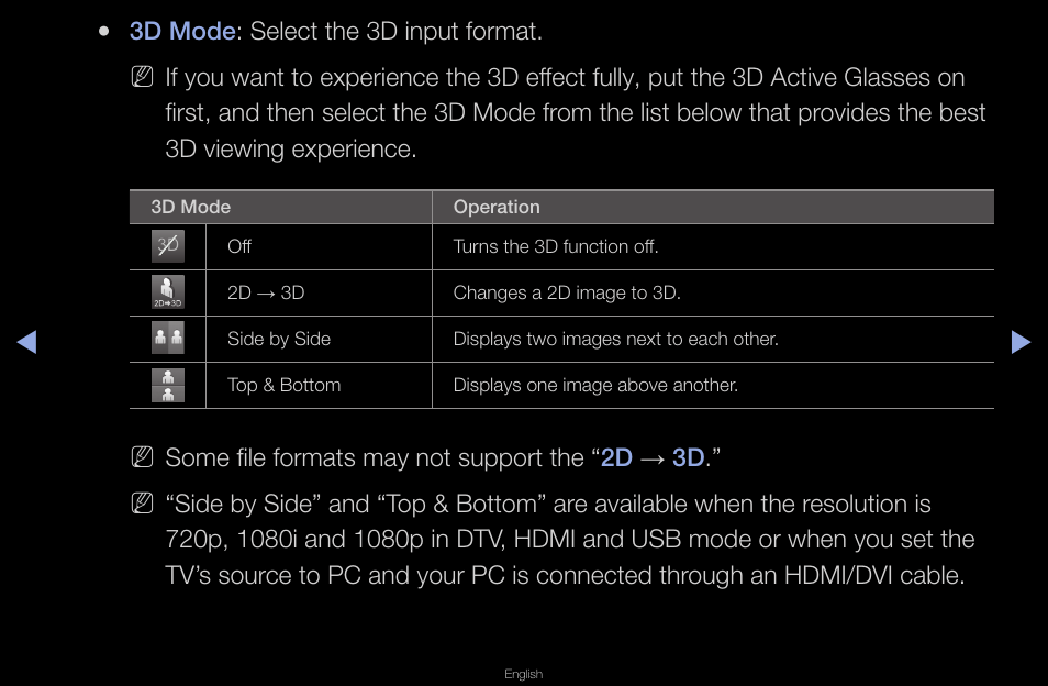 3d mode : select the 3d input format, Some file formats may not support the “ 2d → 3d | Samsung UN40D6420UFXZA User Manual | Page 166 / 303