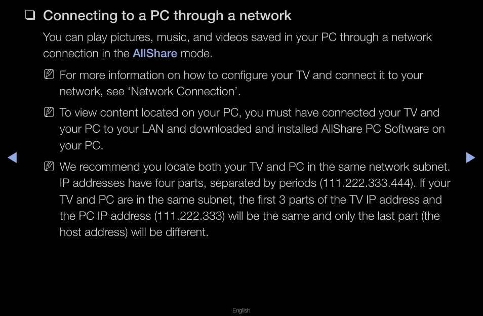 Connecting to a pc through a network | Samsung UN40D6420UFXZA User Manual | Page 215 / 303