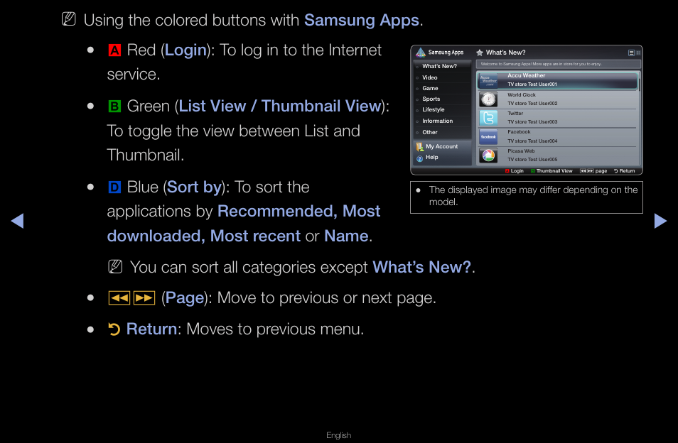 Using the colored buttons with samsung apps, Ared ( login ): to log in to the internet service, You can sort all categories except what’s new | Πµ ( page ): move to previous or next page, Rreturn : moves to previous menu | Samsung UN40D6420UFXZA User Manual | Page 239 / 303