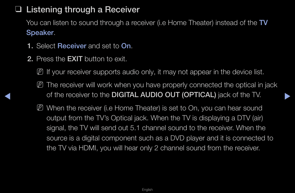 Listening through a receiver | Samsung UN40D6420UFXZA User Manual | Page 283 / 303