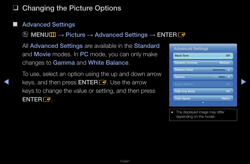 Changing the picture options, Advanced settings | Samsung UN40D6420UFXZA User Manual | Page 42 / 303