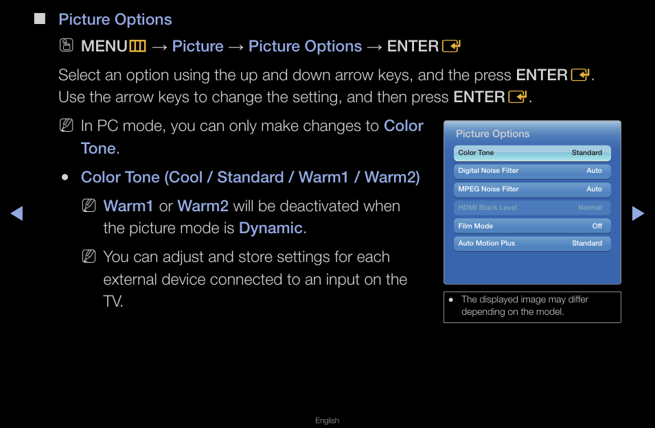 Picture options, Color tone (cool / standard / warm1 / warm2) | Samsung UN40D6420UFXZA User Manual | Page 49 / 303