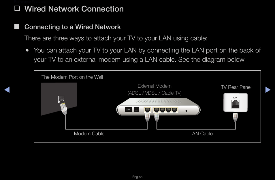 Preference features, Wired network connection | Samsung UN40D6420UFXZA User Manual | Page 70 / 303