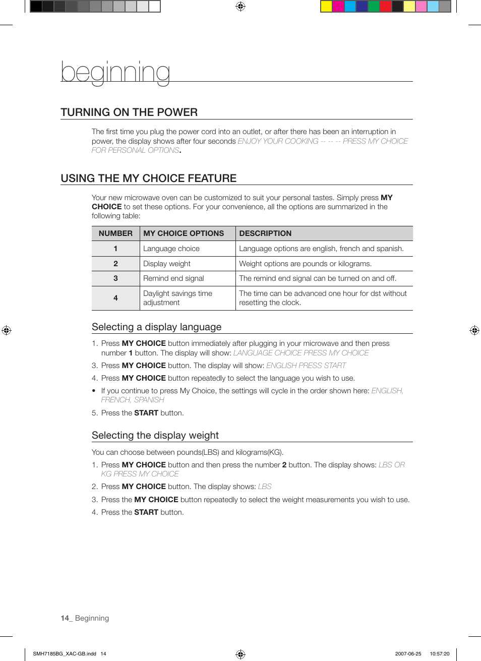Beginning, Turning on the power, Using the my choice feature | Selecting a display language, Selecting the display weight | Samsung SMH7185WG-XAA User Manual | Page 14 / 44