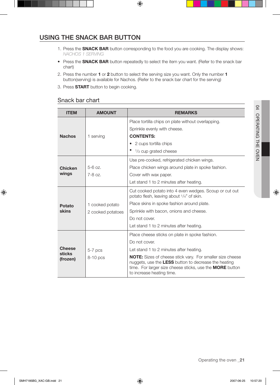 Using the snack bar button, Snack bar chart | Samsung SMH7185WG-XAA User Manual | Page 21 / 44