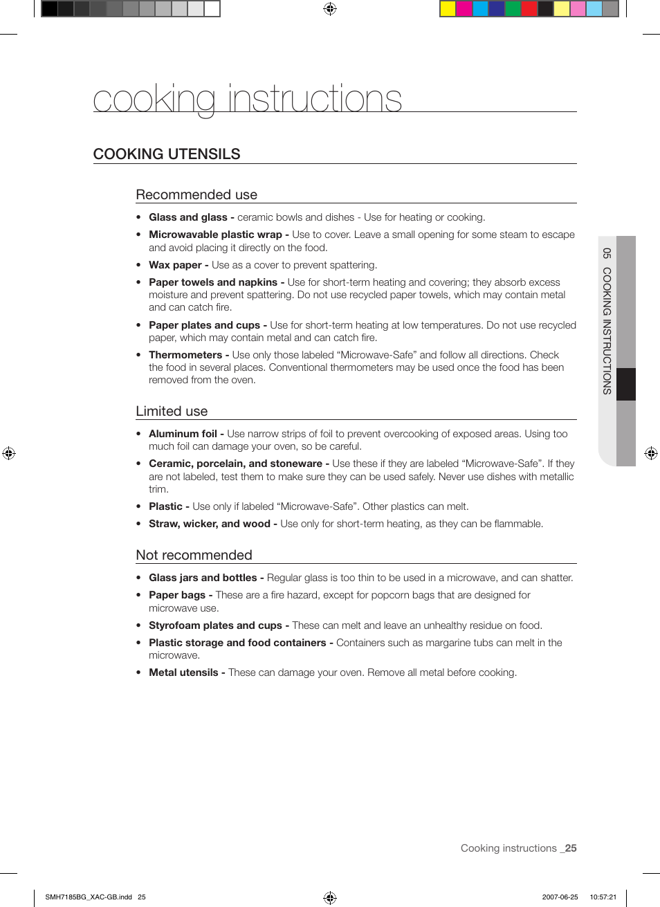 Cooking instructions, Cooking utensils | Samsung SMH7185WG-XAA User Manual | Page 25 / 44