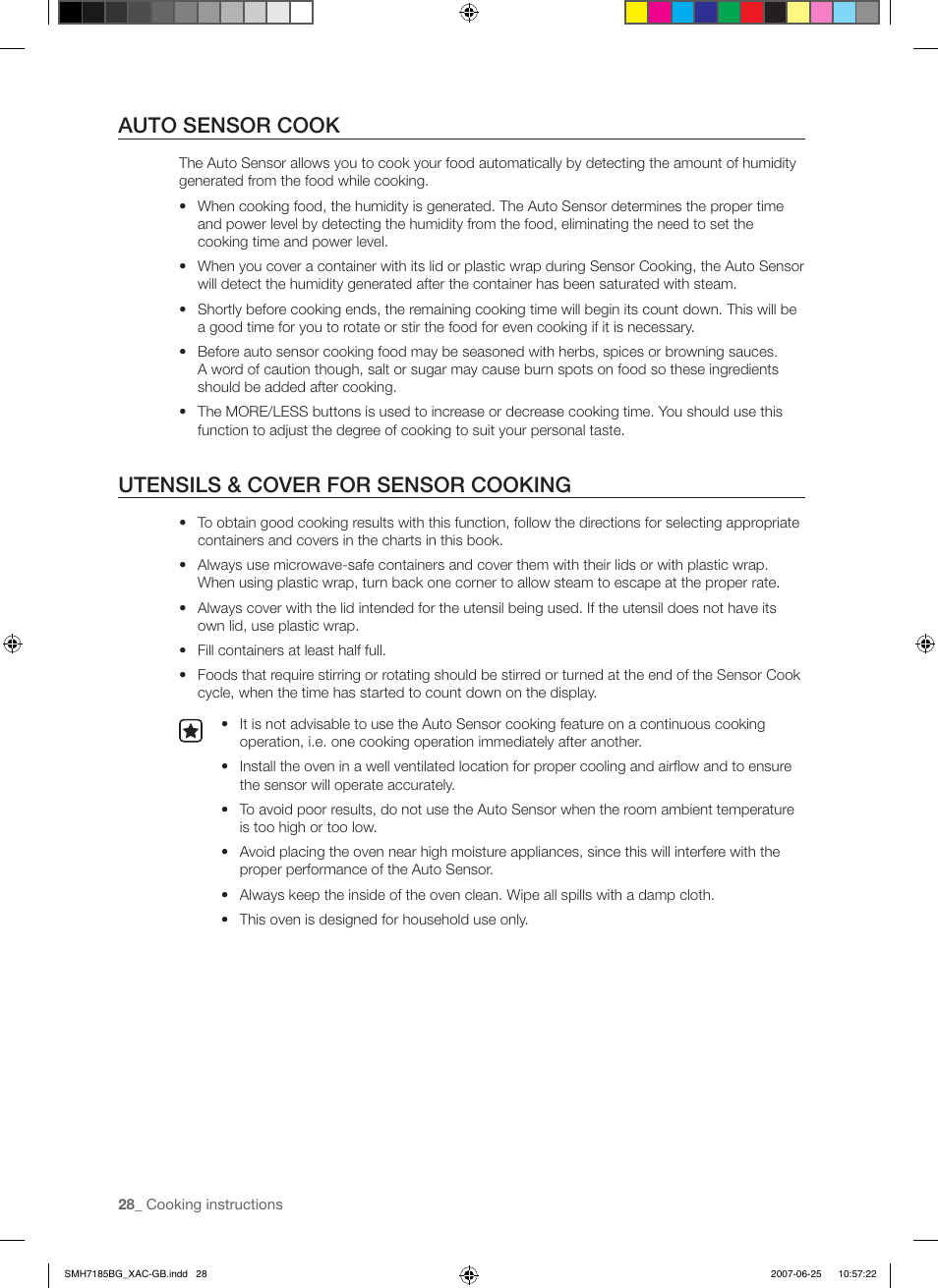 Auto sensor cook, Utensils & cover for sensor cooking | Samsung SMH7185WG-XAA User Manual | Page 28 / 44