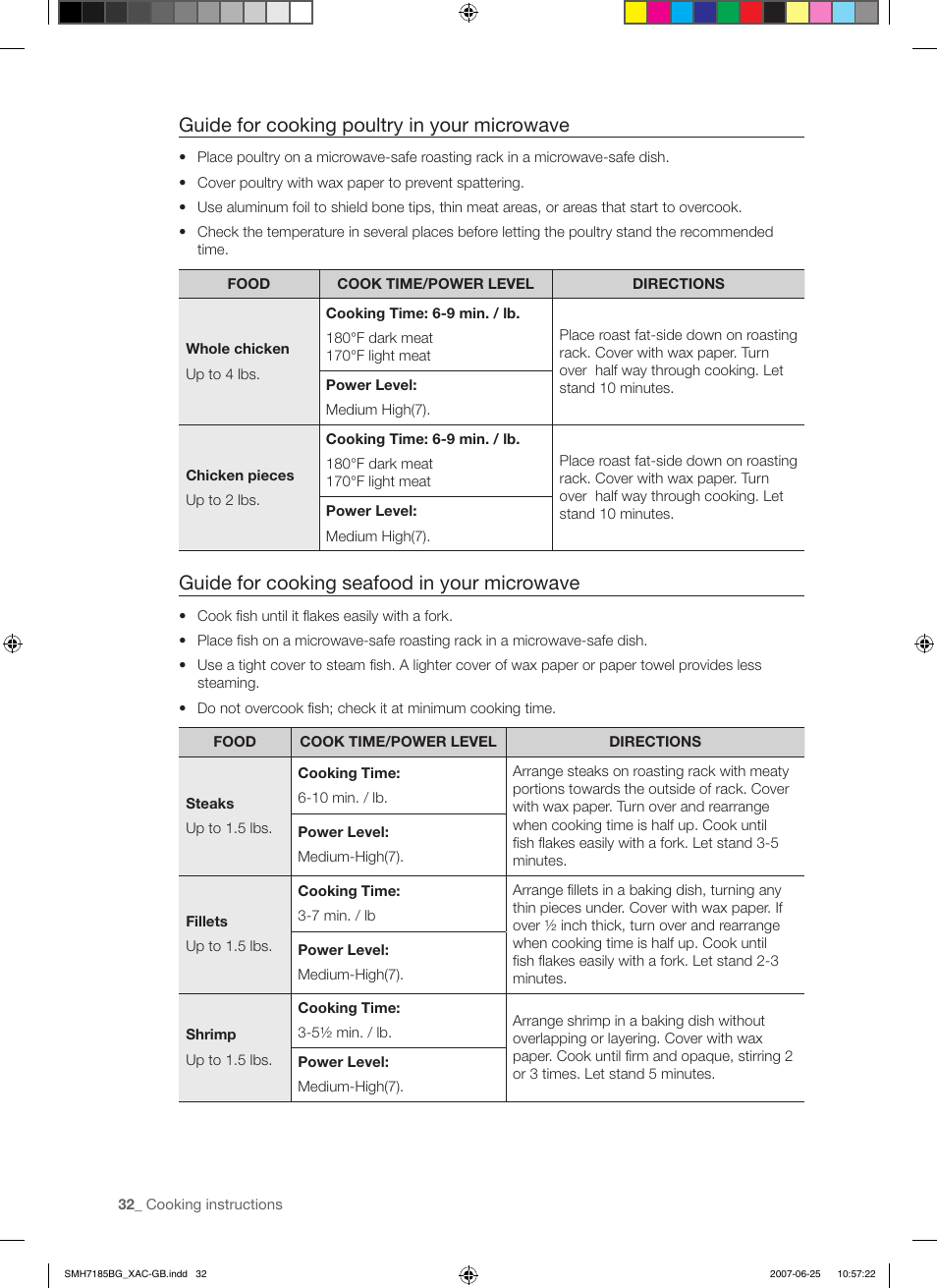 Guide for cooking poultry in your microwave, Guide for cooking seafood in your microwave | Samsung SMH7185WG-XAA User Manual | Page 32 / 44