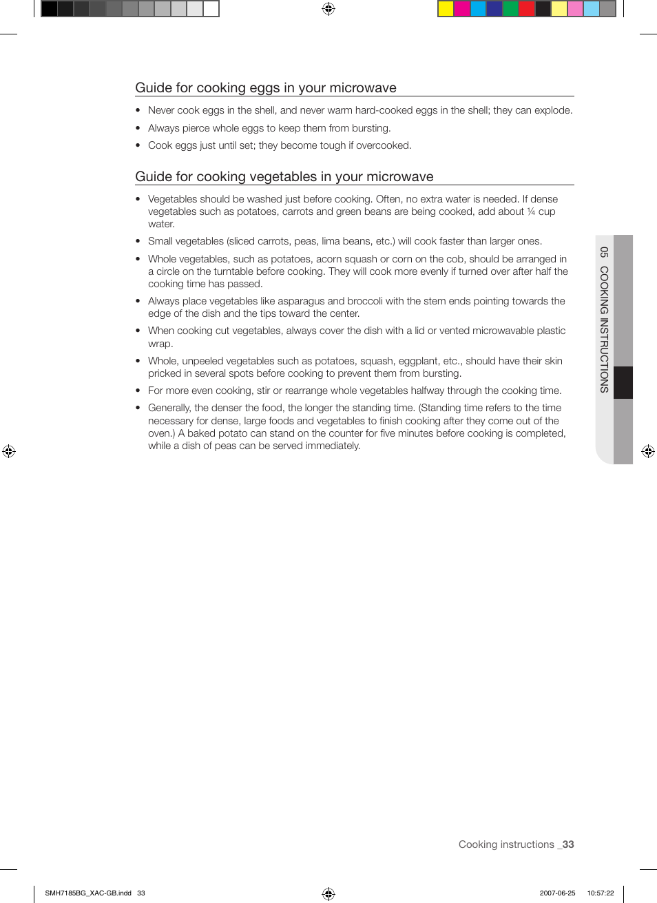 Guide for cooking eggs in your microwave, Guide for cooking vegetables in your microwave | Samsung SMH7185WG-XAA User Manual | Page 33 / 44