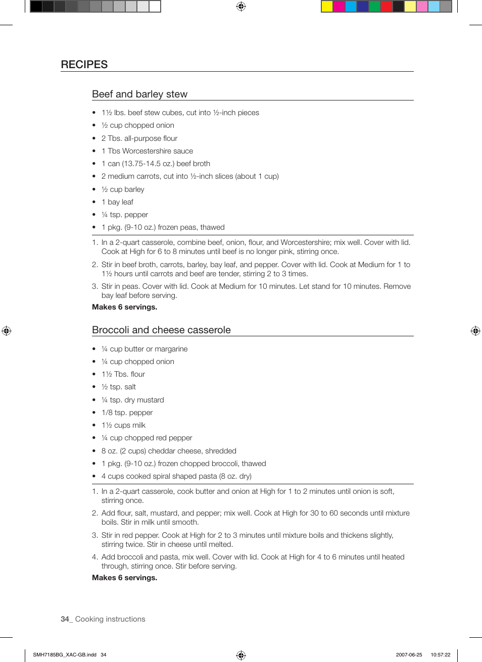 Recipes, Beef and barley stew, Broccoli and cheese casserole | Samsung SMH7185WG-XAA User Manual | Page 34 / 44