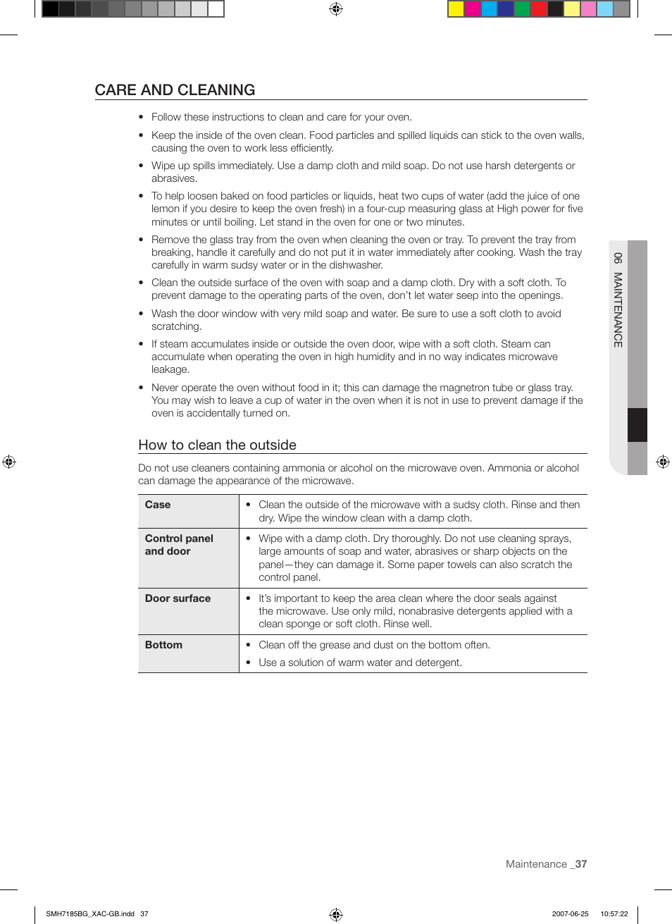 Care and cleaning, How to clean the outside | Samsung SMH7185WG-XAA User Manual | Page 37 / 44