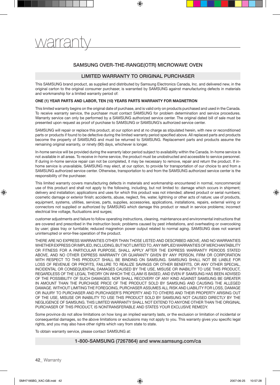 Warranty | Samsung SMH7185WG-XAA User Manual | Page 42 / 44