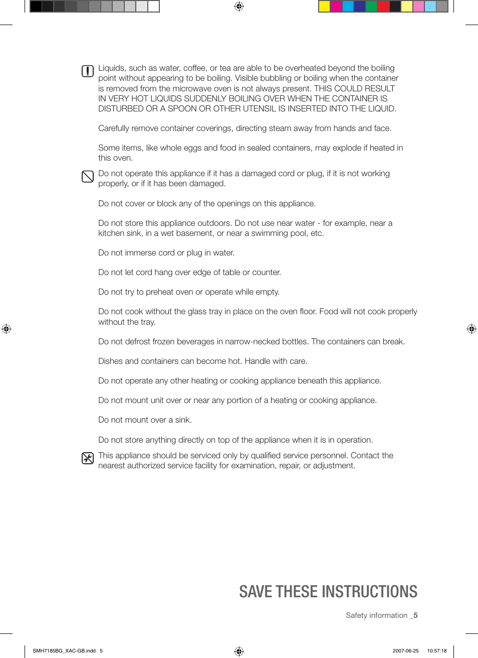 Save these instructions | Samsung SMH7185WG-XAA User Manual | Page 5 / 44