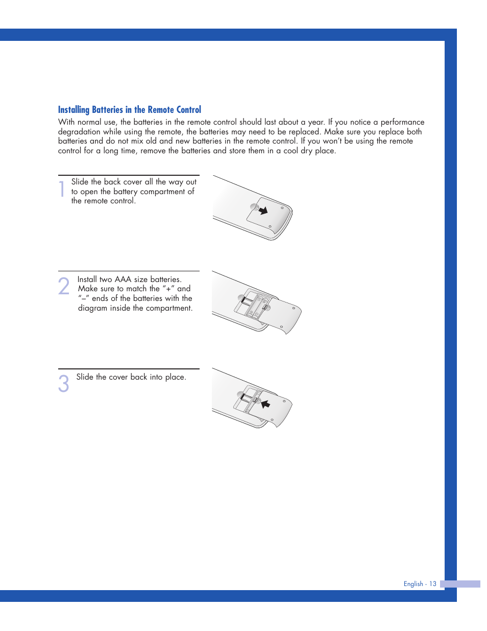 Installing batteries in the remote control | Samsung HLP5063WX-XAC User Manual | Page 13 / 96