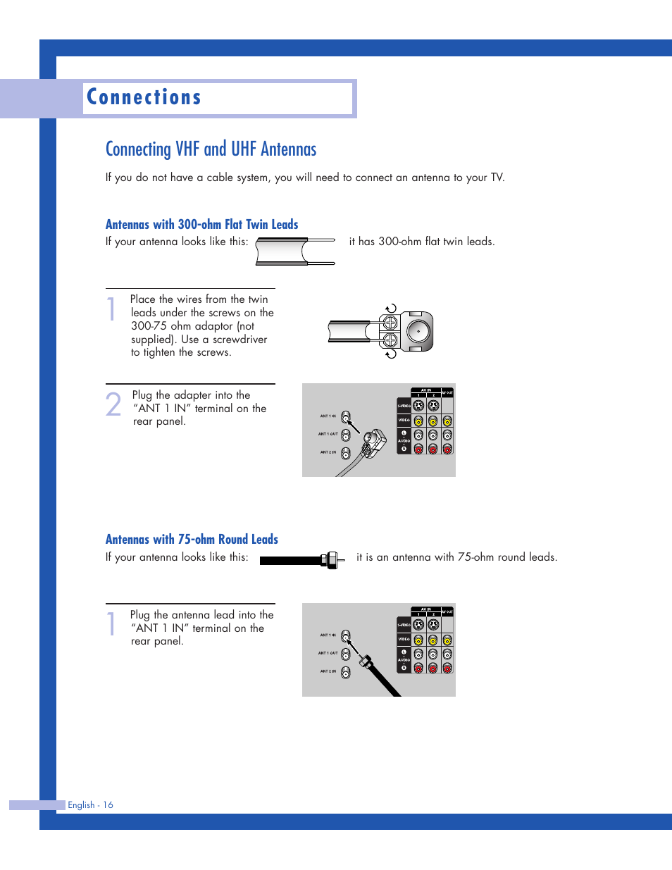 Connecting vhf and uhf antennas, Antennas with 300-ohm flat twin leads, Antennas with 75-ohm round leads | Connections | Samsung HLP5063WX-XAC User Manual | Page 16 / 96