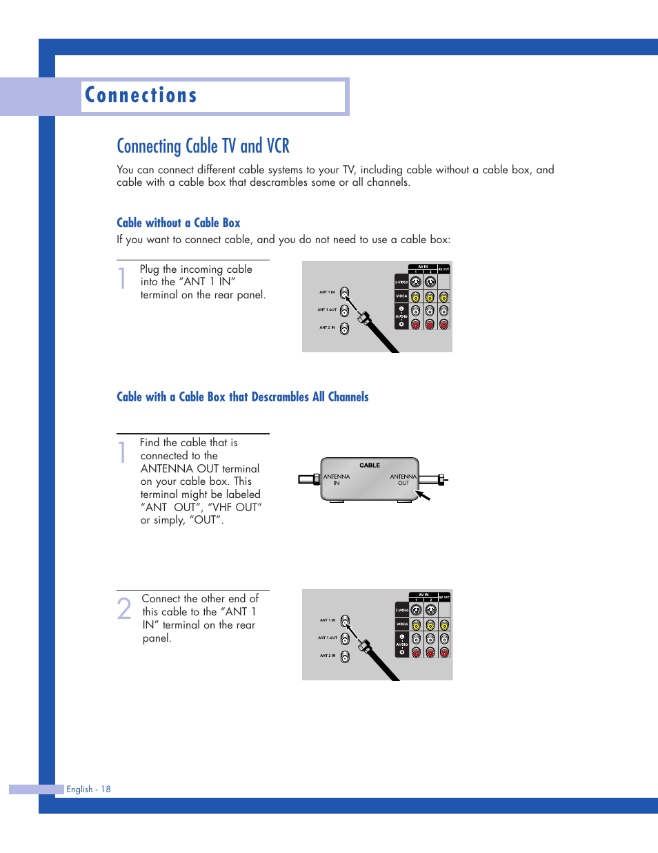 Connecting cable tv and vcr, Cable without a cable box, Connections | Samsung HLP5063WX-XAC User Manual | Page 18 / 96
