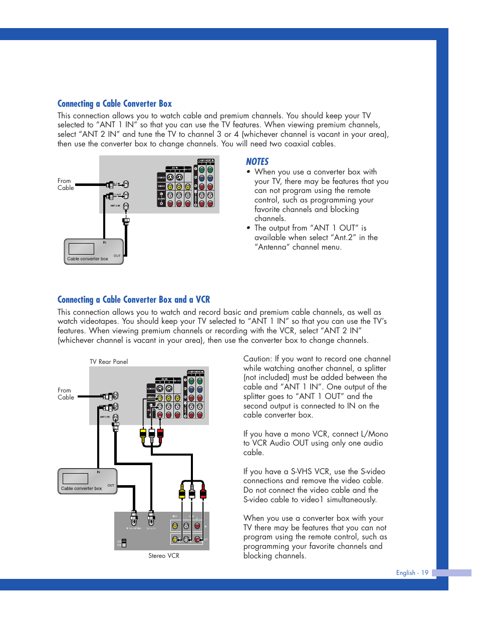 Connecting a cable converter box, Connecting a cable converter box and a vcr | Samsung HLP5063WX-XAC User Manual | Page 19 / 96