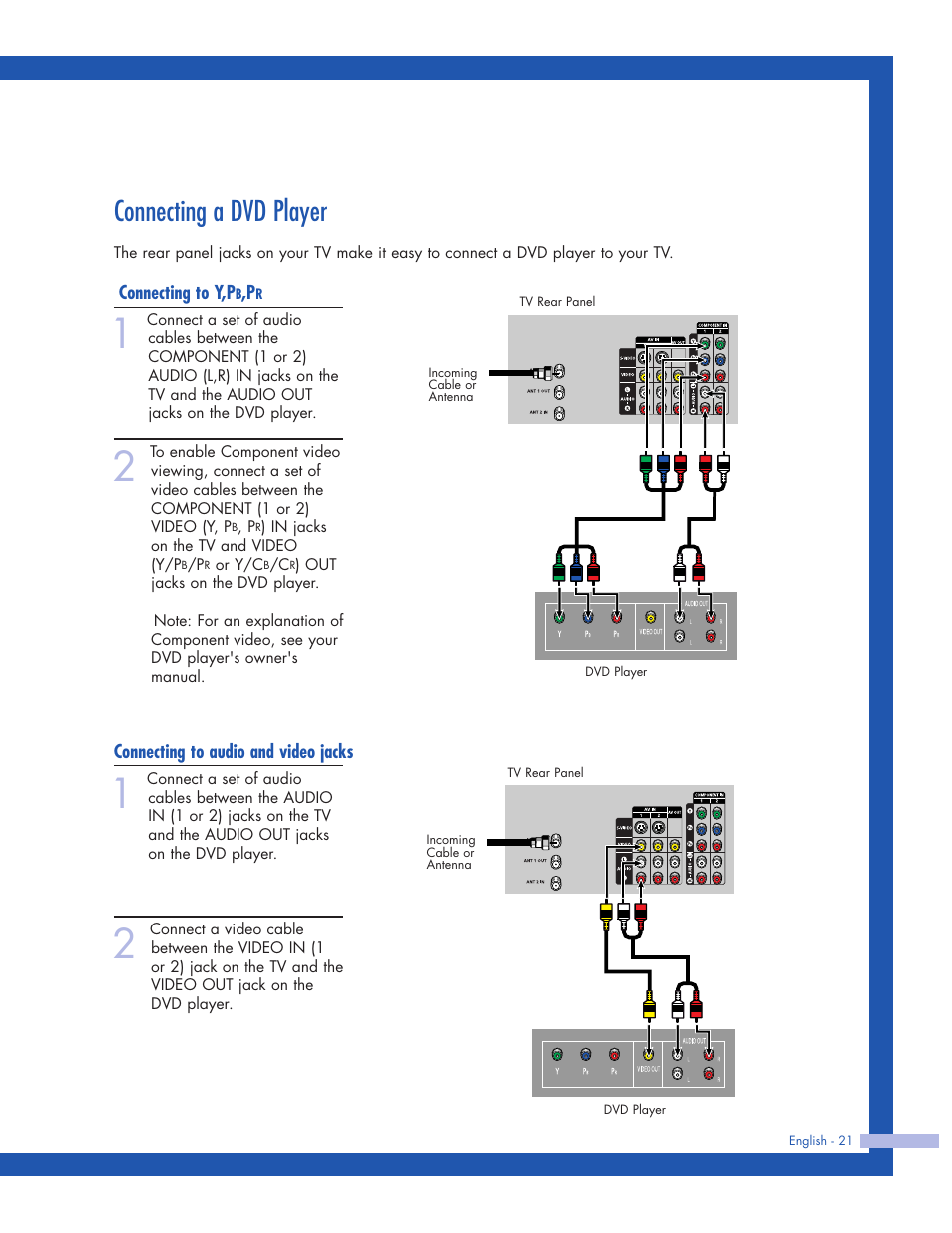 Connecting a dvd player, Connecting to y,pb,pr, Connecting to audio and video jacks | Samsung HLP5063WX-XAC User Manual | Page 21 / 96