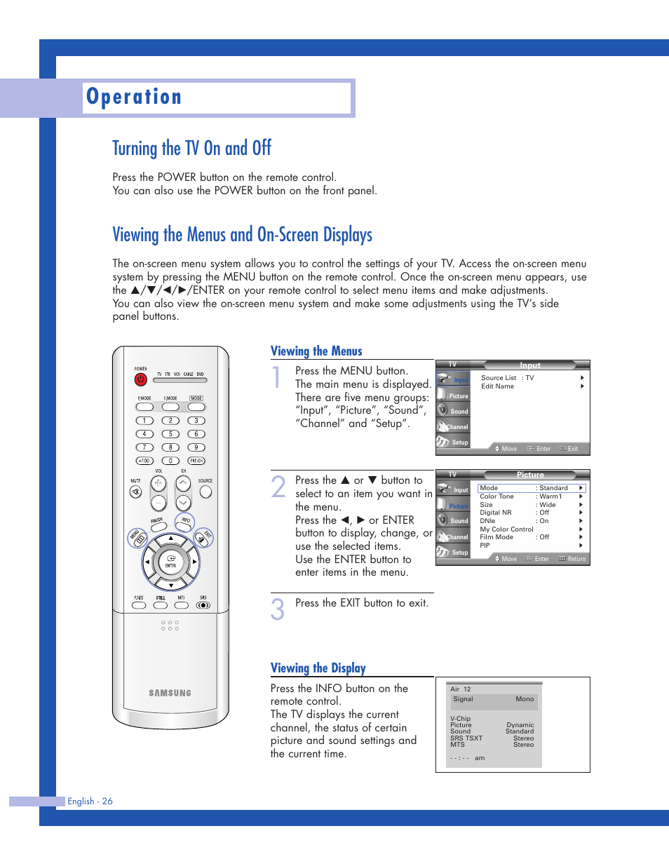 Turning the tv on and off, Viewing the menus and on-screen displays, Operation | Viewing the menus, Viewing the display | Samsung HLP5063WX-XAC User Manual | Page 26 / 96